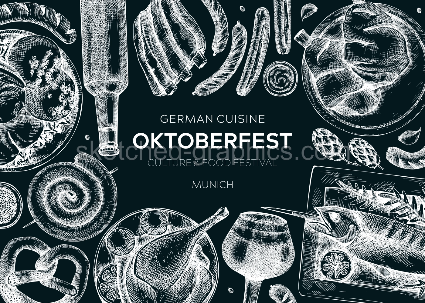 German food background on chalkboard. Oktoberfest menu design. Vector meat dishes sketches. German cuisine banner in vintage style. Traditional Food festival illustration. Beer hand drawing Illustration